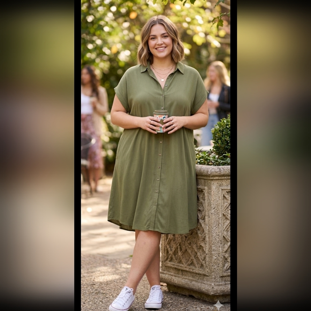 TORRID ,Green Short Sleeve Boxy Tunic with Mandarin Collar
